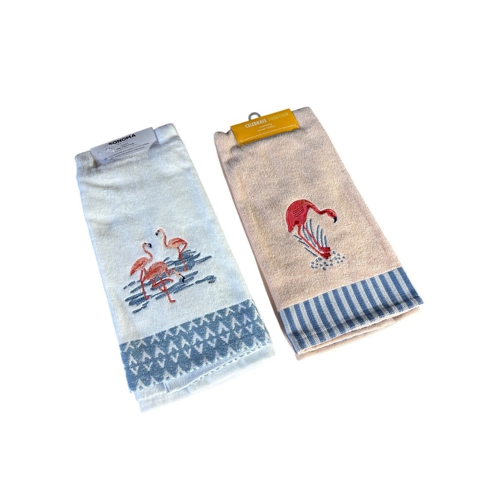 Sonoma Celebrate Together Flamingo Embroidered Hand Towels Set 2 Summer GIFT NEW